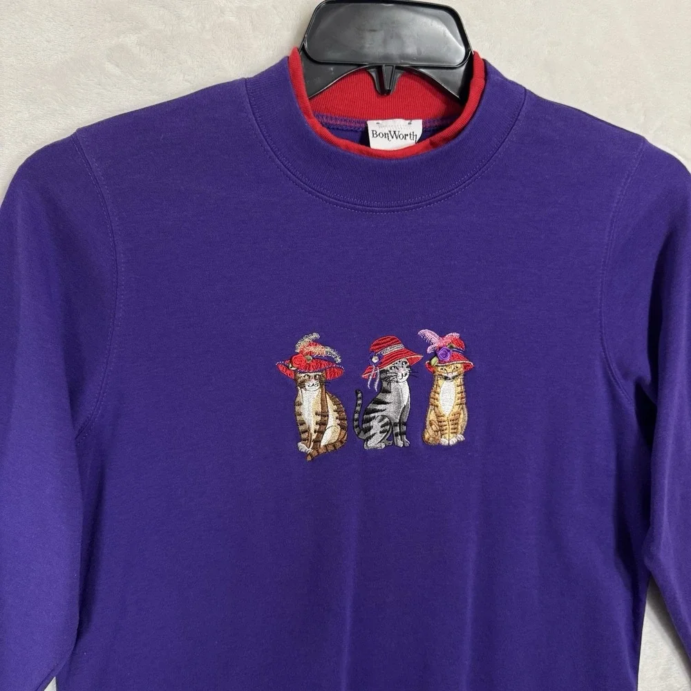 Vintage Cat Lady Mock Neck Sweatshirt Top Size M Crop Purple Red Hat Society 90s - Picture 5 of 13